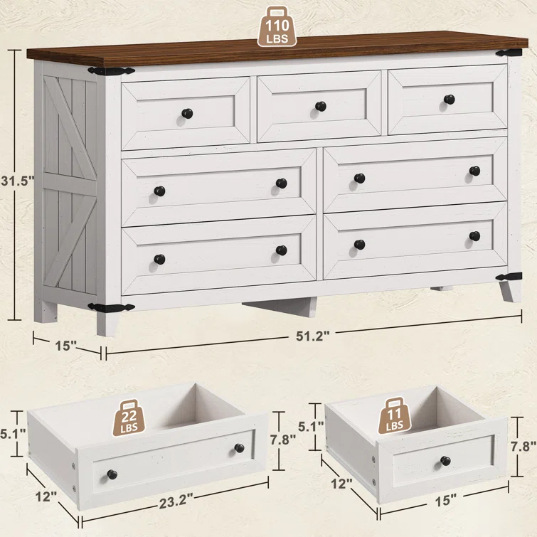 Gracie Oaks Wood Dresser For Bedroom With 7 Drawers, Farmhouse Chest Of Drawers