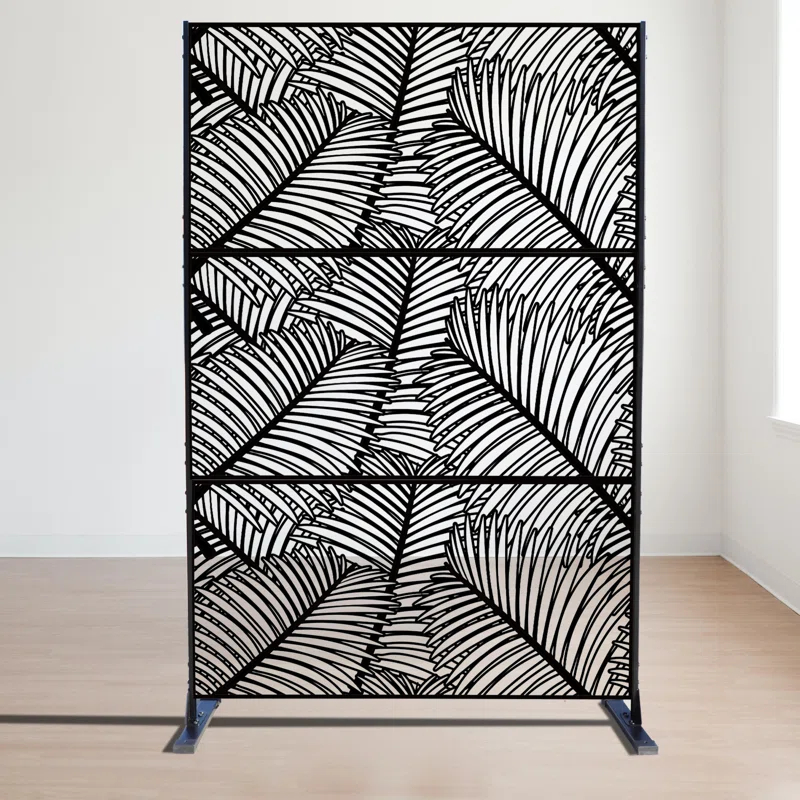 Kozyard Kozyard Metal Privacy Screen Decorative Outdoor Divider With Stand Panels (Black Palm Leaf)