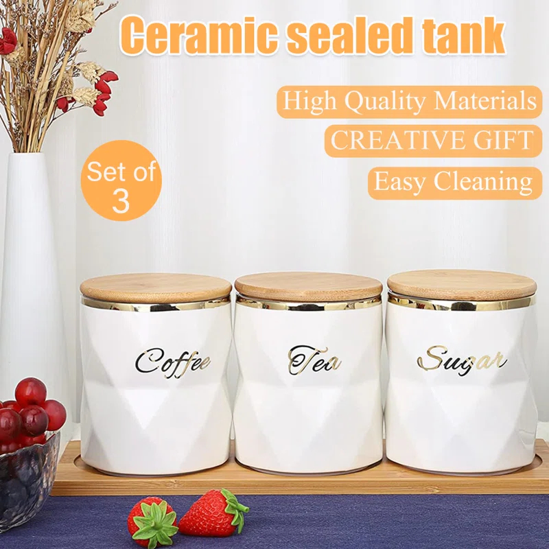 Everly Quinn 3 Pcs Ceramic Canisters Set for Sugar Coffee Tea, Luxurious Storage Containers Sets with Lids (Set of 3)