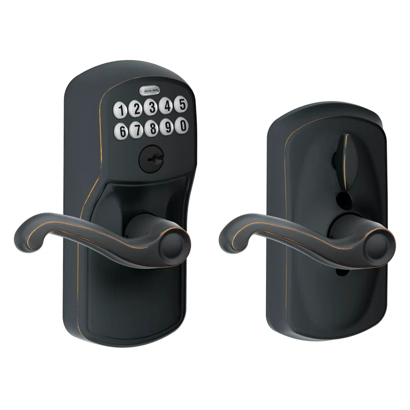 SCHLAGE FE595 PLY 716 FLA Plymouth Keypad Entry with Flex-Lock and Flair Style Levers, Aged Bronze