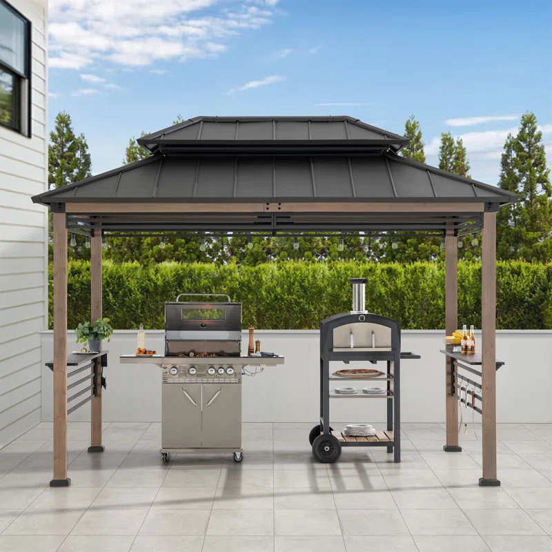 Sunjoy Sunjoy Wooden Grill Gazebo with AC Power Port, 8 x 12 ft. Steel Hardtop Outdoor Gazebo for Year-Round Grilling, Cedar Framed Gazebo with Built-in Electrical Outlets and Decorative Fence