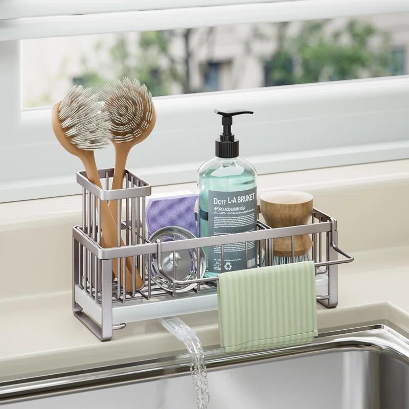 QIANXI Sponge Holder For Kitchen Sink - Self-draining Sink Caddy With Brush Holder And Dishcloth Holder, Stainless Steel Kitchen Sink Organizer For Countertop