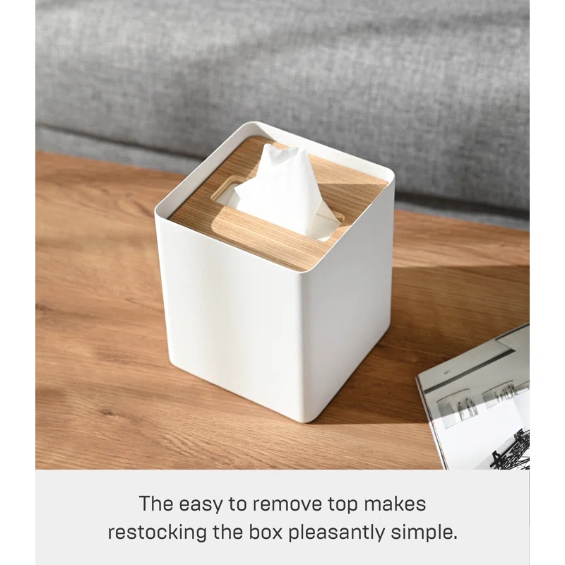 Yamazaki Home Yamazaki Home Square Reusable Tissue Box Cover Metal Container Case With Natural Wooden Lid,, Steel