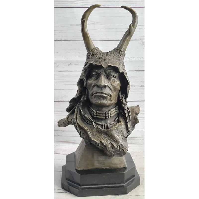 Canora Grey Native American Indian Shaman Man In Antler Headdress Bronze Sculpture Statue On Marble Base