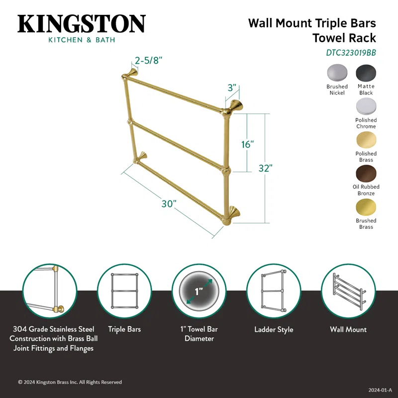 Kingston Brass DTC323019SN Kingston Brass Maximilien 30-Inch Wall Mount 3-Bar Towel Rack