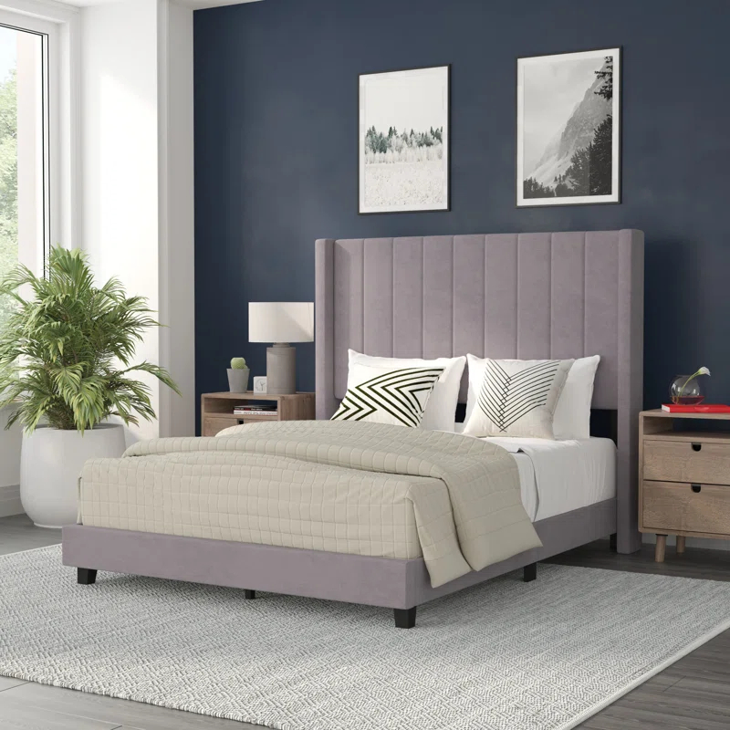 Flash Furniture Upholstered Platform Bed with Vertical Stitched Wingback Headboard, Slatted Mattress Foundation