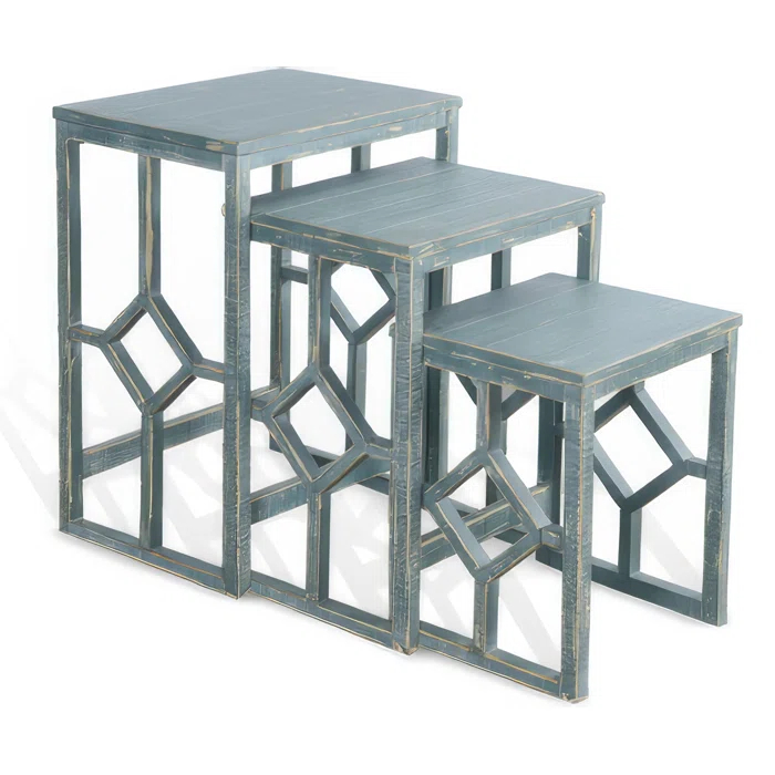 Benjara Rena 3 Piece Nesting Accent Table Set | Geometric Frame | Distressed Pebble Solid Mahogany Wood