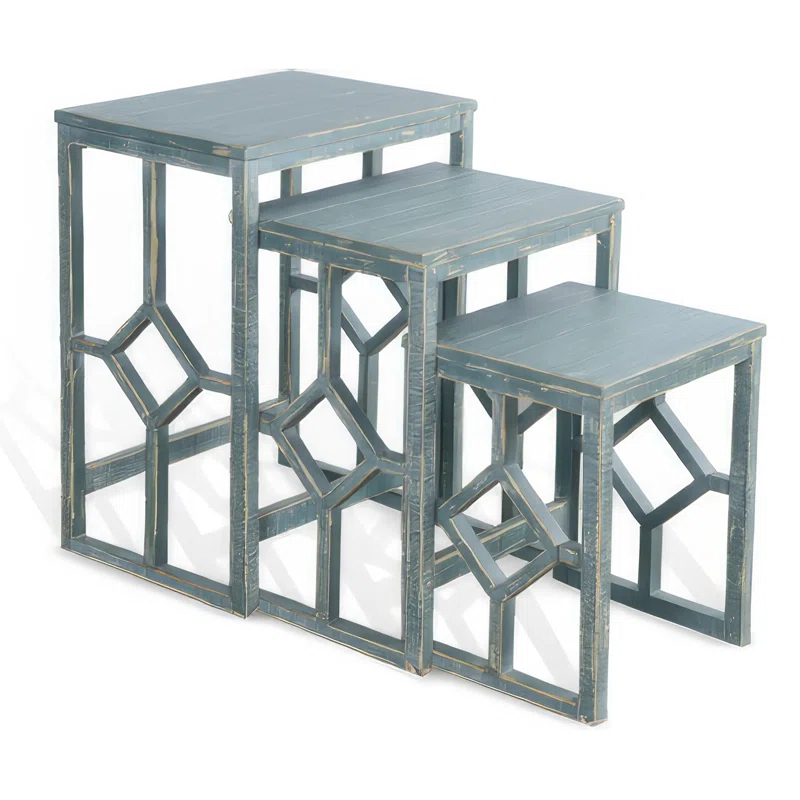 Benjara Rena 3 Piece Nesting Accent Table Set | Geometric Frame | Distressed Pebble Solid Mahogany Wood