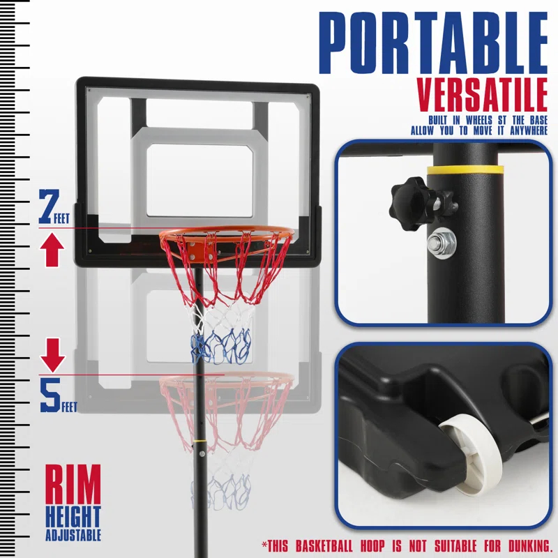 MoNiBloom Portable Basketball Hoop Goal 5ft - 7ft Adjustable with 33" Backboard Wheels Fillable Base
