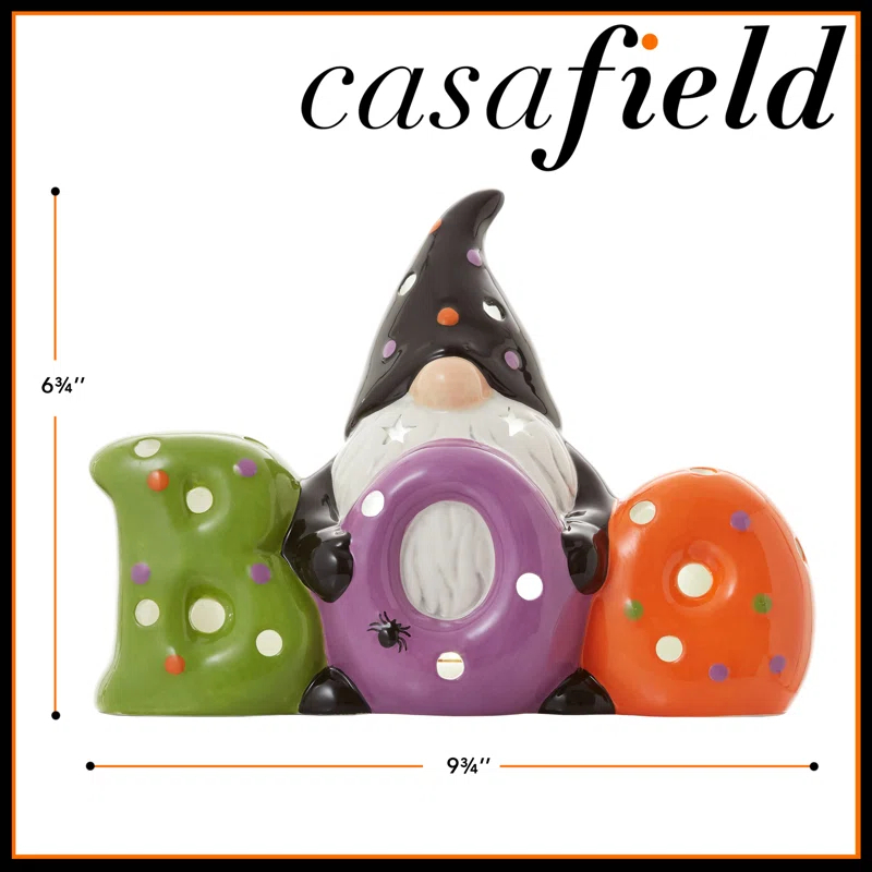 Pre-Lit Ceramic Halloween BOO Gnome Hand-Painted Tabletop Decor