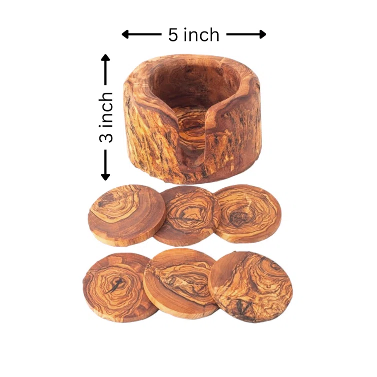 KAMSAH Kitchenware Handcrafted Olive Wood Coaster Set with Holder - Includes 6 Round Coasters and Versatile Holder
