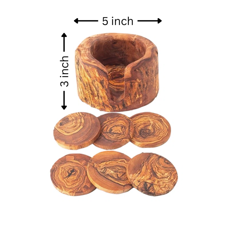KAMSAH Kitchenware Handcrafted Olive Wood Coaster Set with Holder - Includes 6 Round Coasters and Versatile Holder