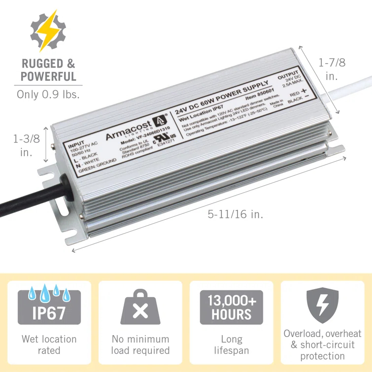 Armacost Lighting Standard Indoor/Outdoor LED Driver 24V DC, Electronic Transformer 850601