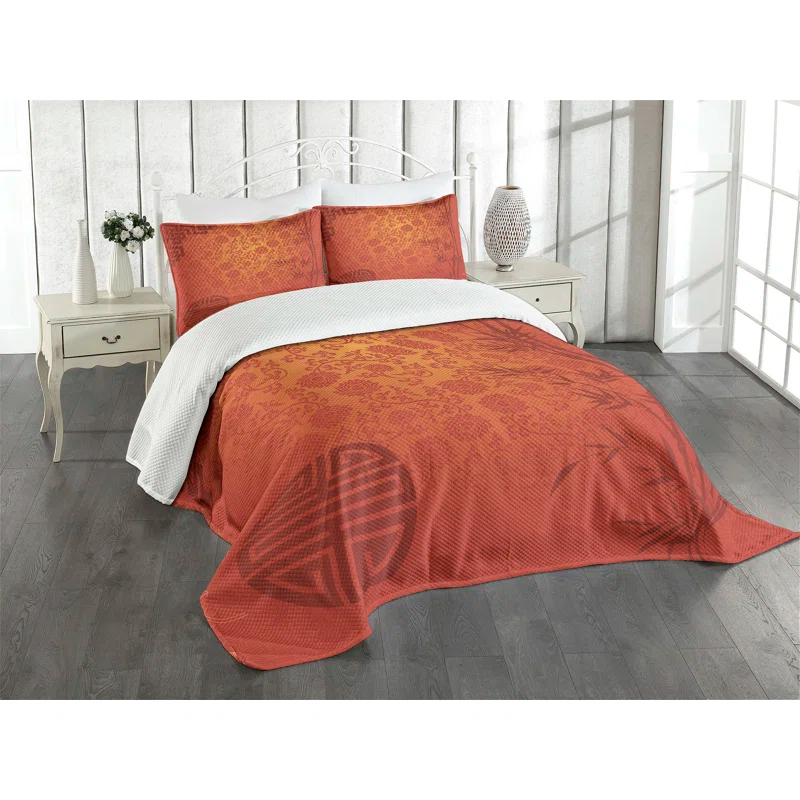 Ambesonne Chinese Bedspread Set Traditional Nature Art Pale Orange Burgundy