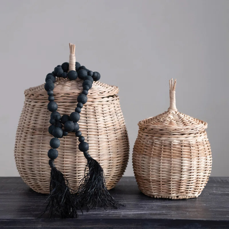 Bayou Breeze Hand-Woven Wicker Basket Storage with Lids (Set of 2)