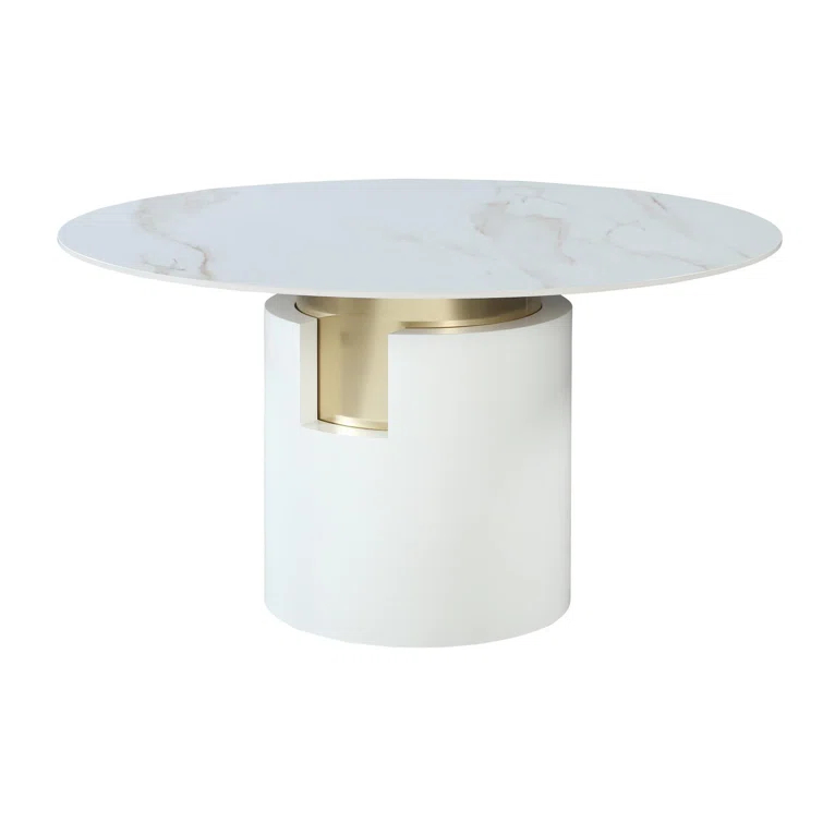 Chintaly Imports Marbleized Sintered Stone Top Table w/ Cylinder Base & Golden Accent