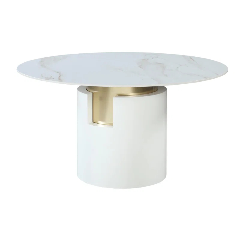 Chintaly Imports Marbleized Sintered Stone Top Table w/ Cylinder Base & Golden Accent