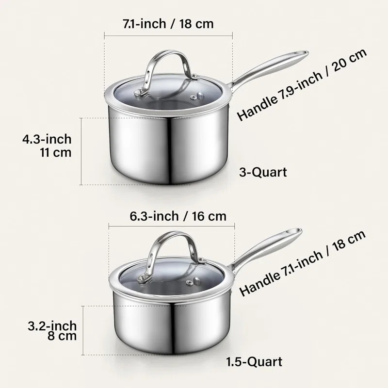 Cooks Standard Stainless Steel Saucepan Set 1.5 And 3 Quart, Multi-ply Clad Sauce Pot With Glass Lid, Silver | Wayfair