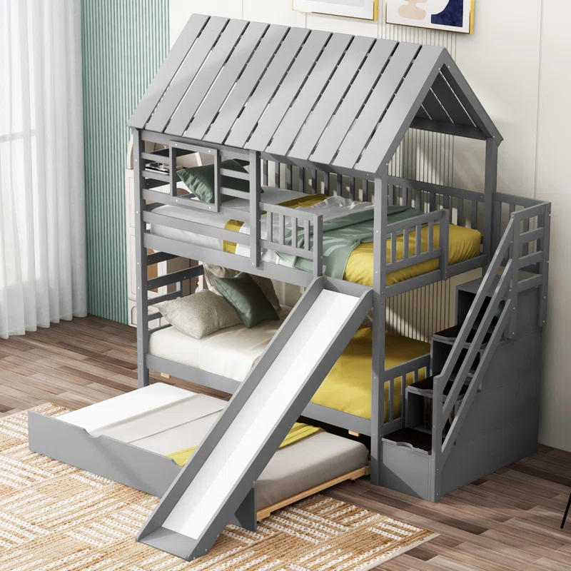 Harper Orchard Twin Over Twin House Bunk Bed With Trundle And Slide