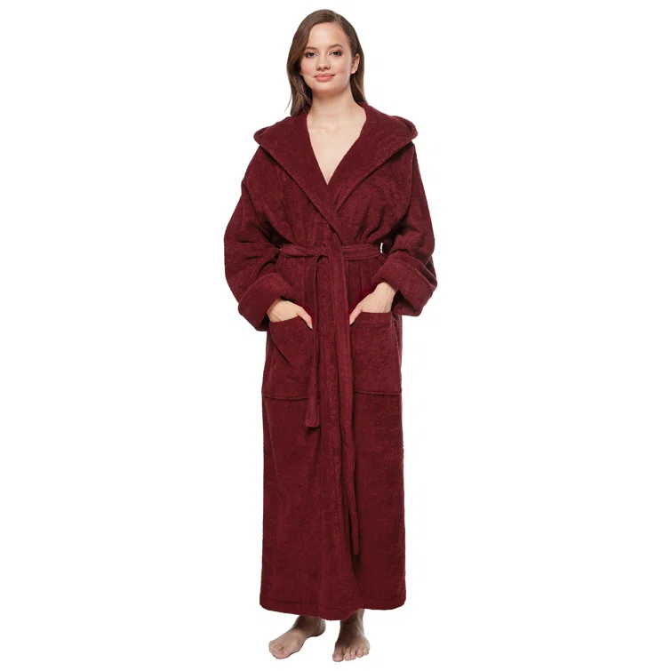 Red Barrel Studio® Hovis Cotton Terry Cloth Ankle Bathrobe with Pockets and Hood