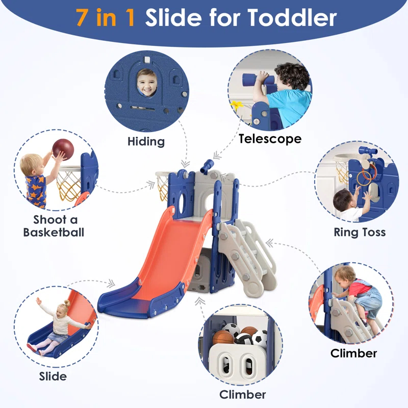 7 in 1 Kids Slide, Toddler slide with Climber Outdoor Indoor Slide Playset
