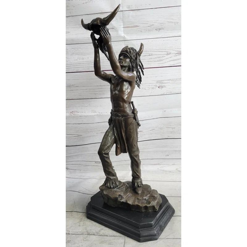 Canora Grey Taylee Native American Indian Shaman Medicine Man Holding Bison Skull Bronze Statue Sculpture 23" X 11"