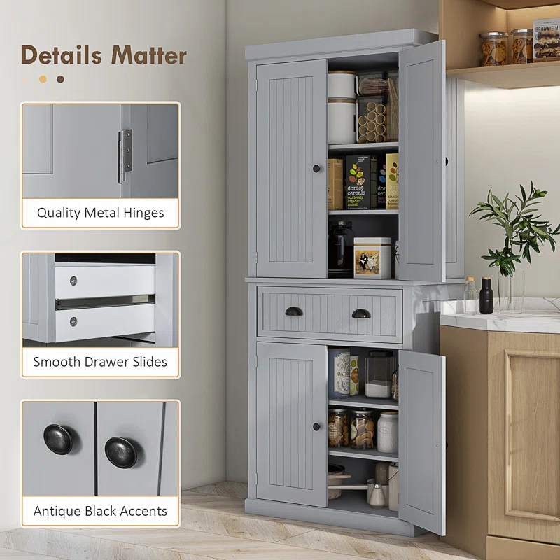 Lark Manor™ 72" Kitchen Pantry Cabinet, Freestanding Tall Storage Cabinet, Traditional Kitchen Cabinet With 4 Doors, Drawer And 3 Adjustable Shelves For Dining Room