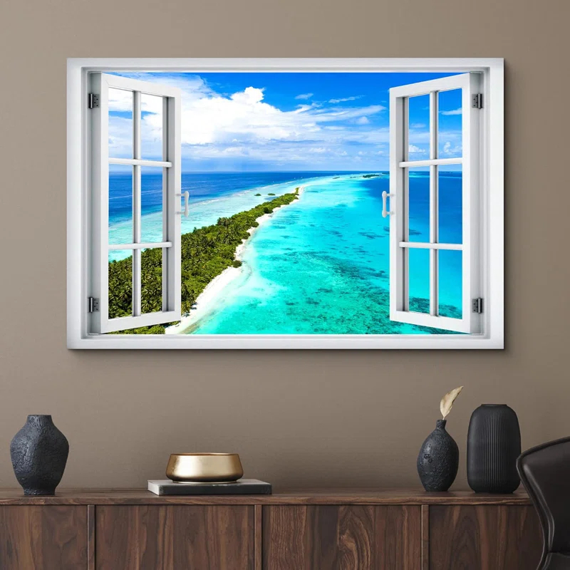 IDEA4WALL Window Scenery " Window View Teal Blue Beach Shore Tropical Island Wilderness Nature "