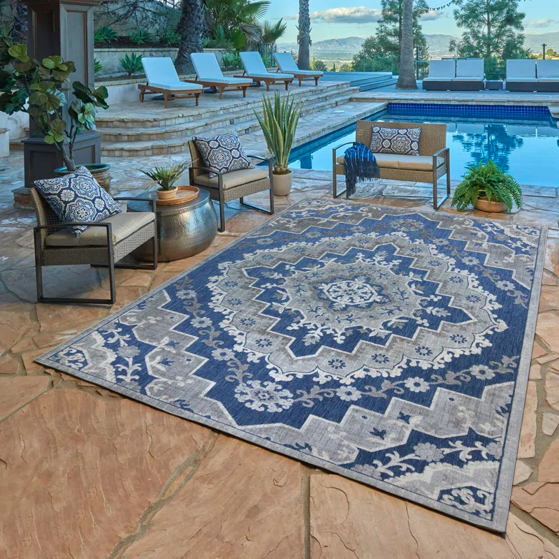 Gertmenian Fosel Arasi Blue/Gray Transitional Mandala Style Flatweave Indoor/Outdoor Area Rug