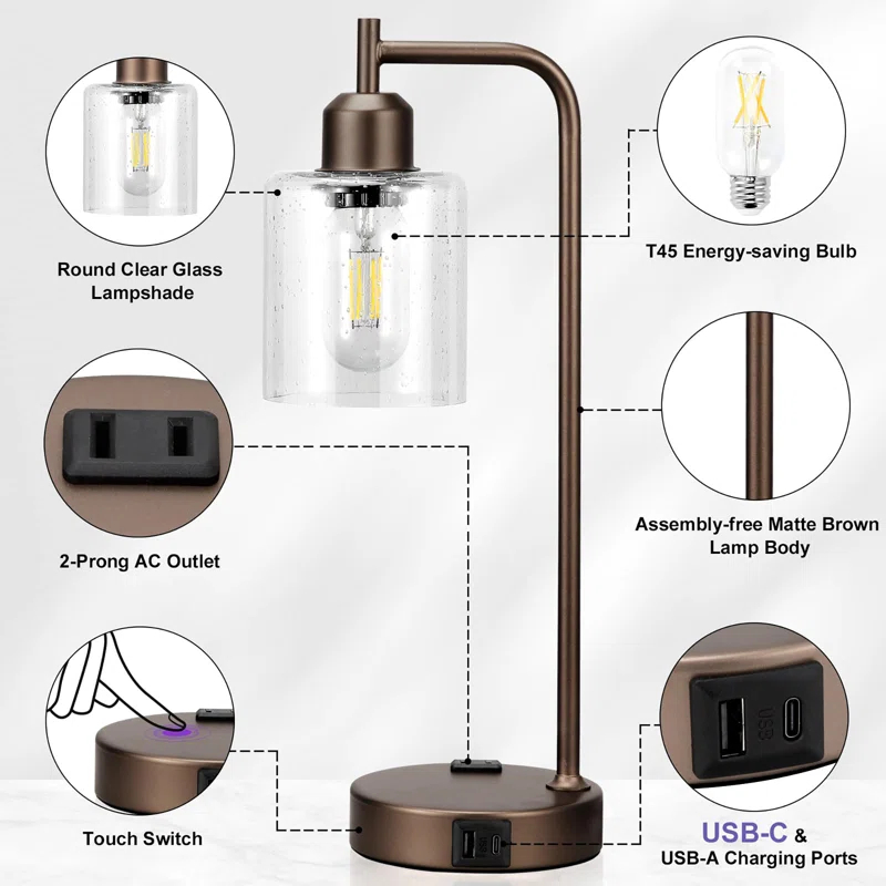 Latitude Run® Industrial Touch Table Lamps for Bedrooms Set of 2 - 3-Way Dimmable Nightstand Lamps with USB C+A Ports and Outlet, Bedside Lamps with Glass Shade for Living Room, Desk Lamps for Home Office
