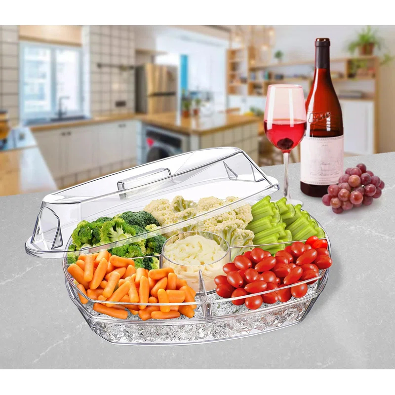 Prep & Savour Chilled Veggie Tray, 15 Inch Clear Party Platter with 4 Compartments
