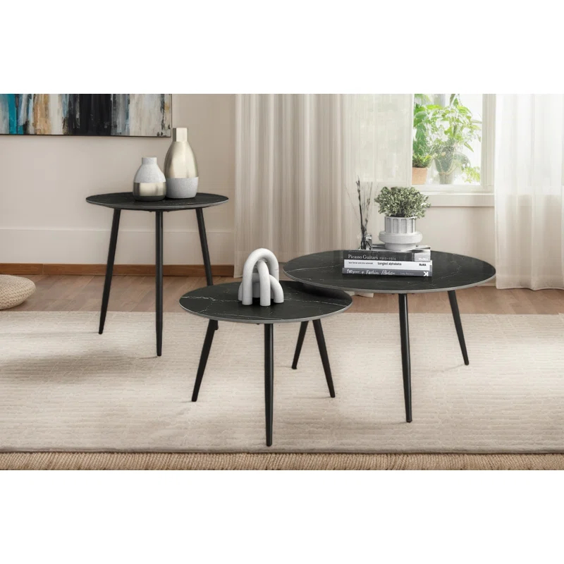 George Oliver 3 Piece Occasional Table Set, Living Room Table Set With Metal Legs & Sintered Stone Top, Modern Coffee Table Set, Nesting Cocktail Table And Side Table And End Table For Living Room Bedroom Balcony