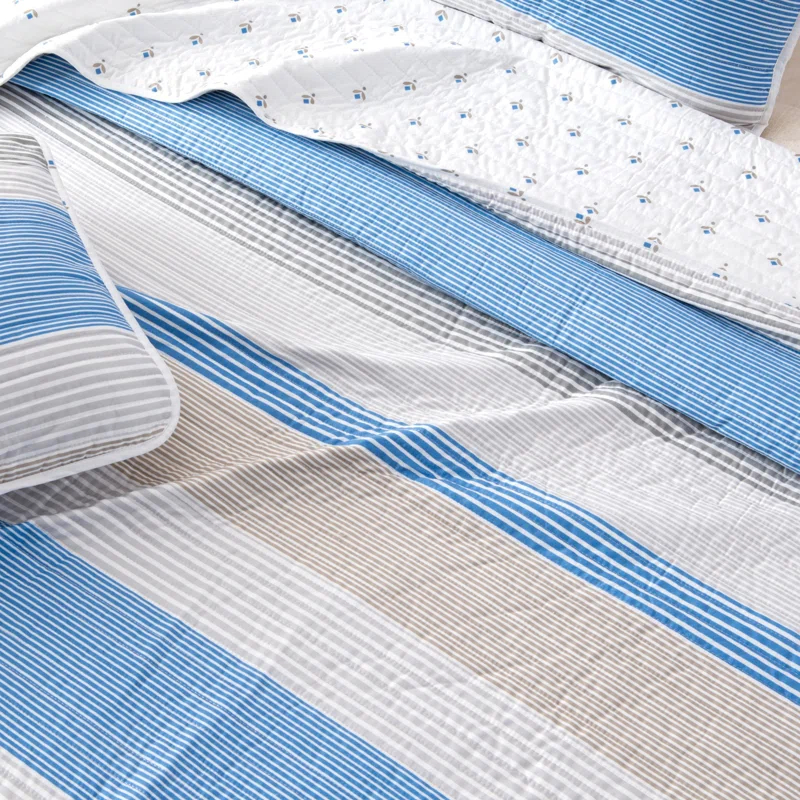 FreshFolds Blue / White / Grey Striped Reversible Quilt Set with Shams