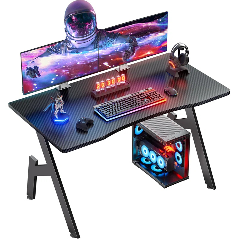 Wrought Studio™ Wrought Studio Gaming Desk With Carbon Fibre Surface- A Shaped Gamer Desk Computer Workstation Home Office Ergonomic PC Desk Simple Gaming Table Home Office Desks