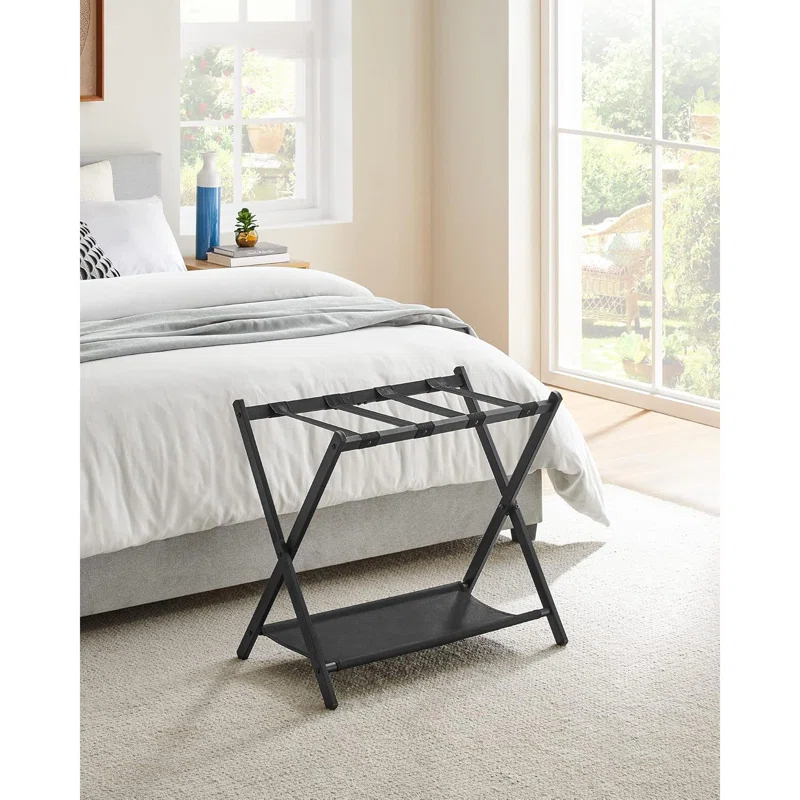 BINO Luggage Rack For Guest Room, Suitcase Stand With Storage Shelf, Steel Frame, Foldable For Easy Storage, Hotel, Bedroom, Black