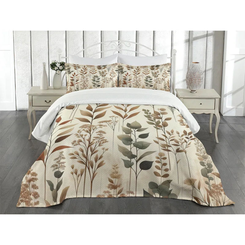Ambesonne Ambesonne Brown Bedspread Set Vintage Botanical Concept Pale Camel Laurel Green