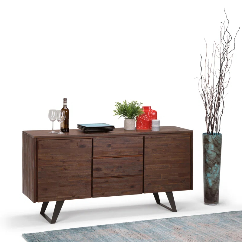 Simpli Home Lowry 60"W Solid Wood Modern Industrial 2-Door Sideboard Buffet with 3 Center Drawers