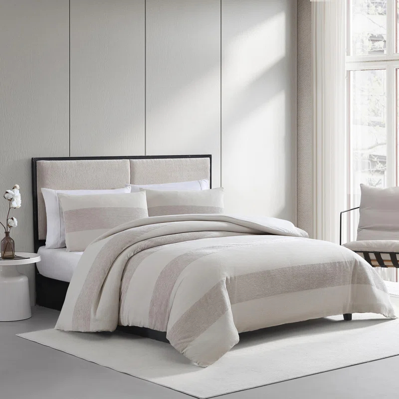 Vera Wang Vera Wang Chenille Waffle Stripe Beige Duvet Cover Set