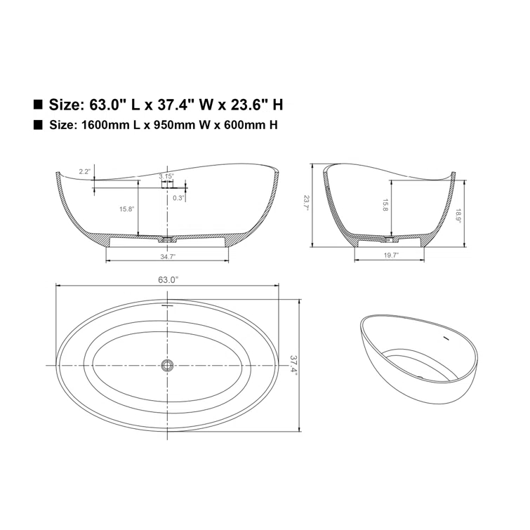 Vanity Art 63" x 37" Freestanding Soaking Stone Bathtub VA6918-ML