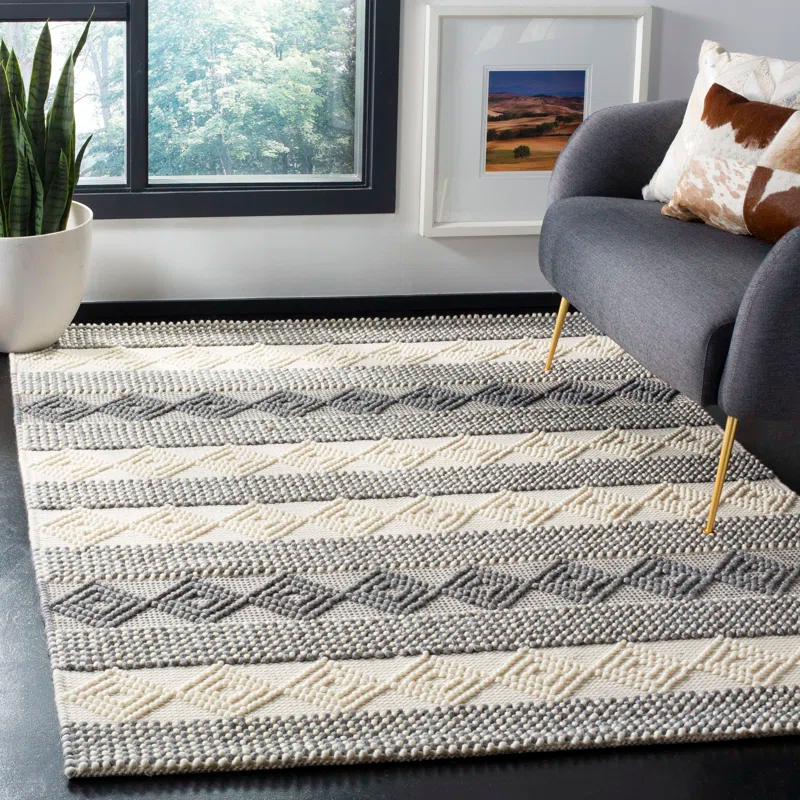 Union Rustic Jacques Hand Woven Wool/Cotton Southwestern Rug in Ivory/Gray
