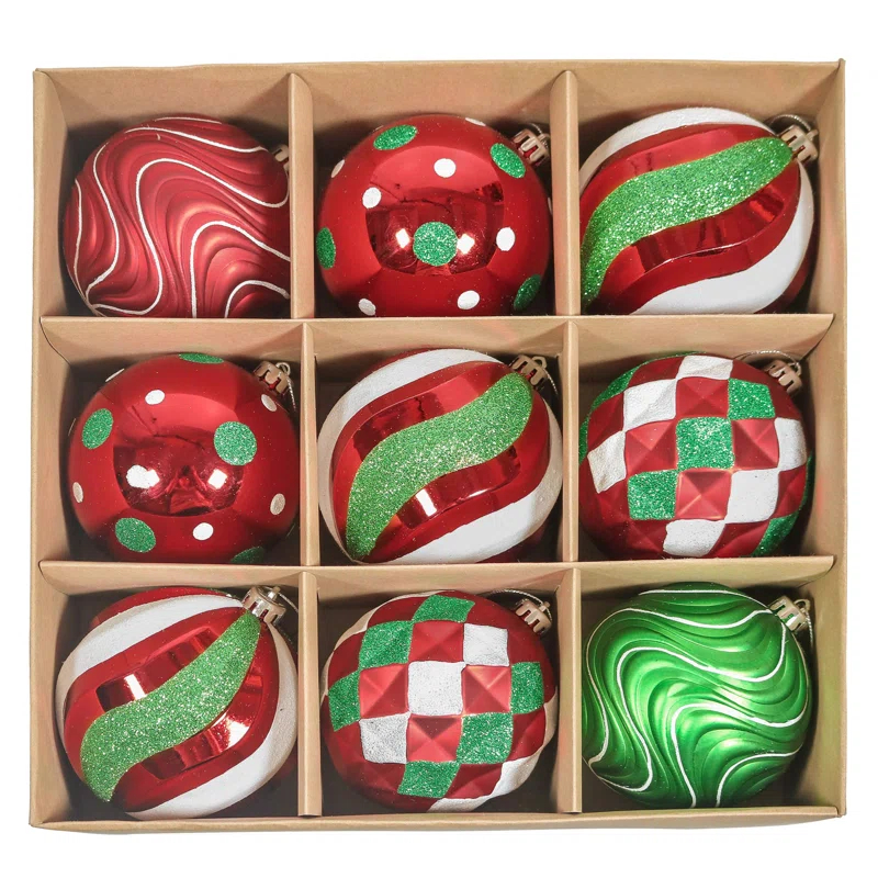 Christmas Tree Ornaments Set, 9Ct Red Green White Shatterproof Christmas Tree Decorations Bulk, 3.94 Inch Whimsical Large Hanging Ball Ornaments For Xmas Trees Holiday Party Decor