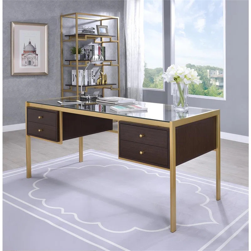 Everly Quinn Solid Wood Top Metal Base Writing Desk