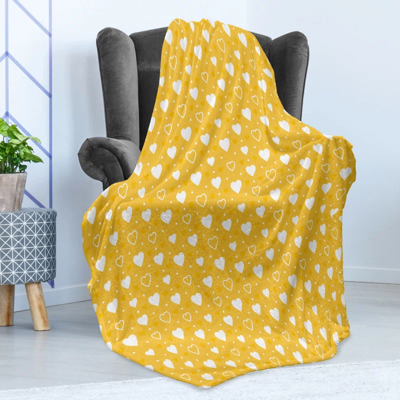 Ambesonne Ambesonne Romantic Fleece Throw Blanket Heart Shapes and Dots Yellow White