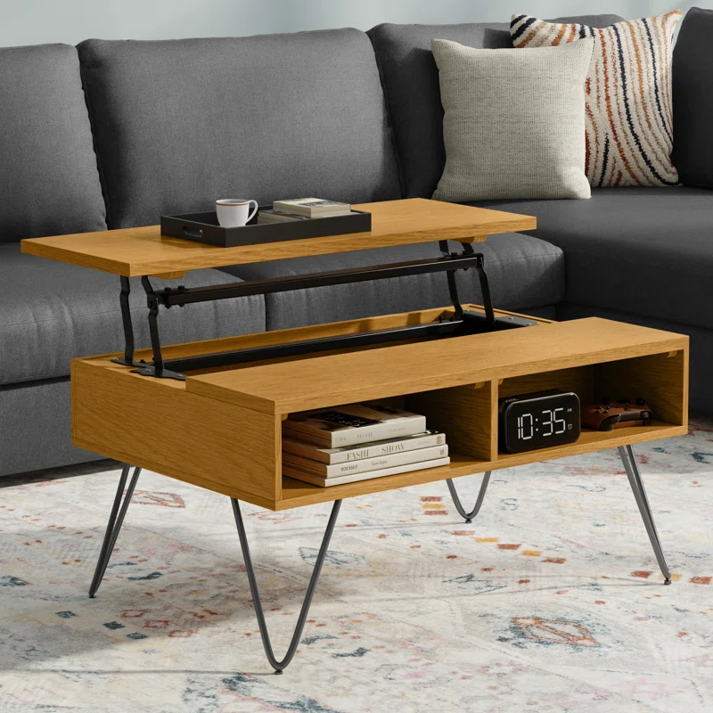 Simpli Home Hunter 36"W Solid Wood Industrial Small Lift Top Coffee Table with Hidden Storage and Metal Hairpin Legs