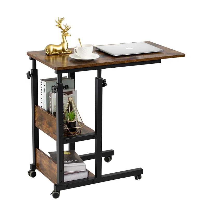 17 Stories Hadulcet C Shaped Side Table Adjustable, Height Adjustable C Table With Wheels And Storage Shelves For Couch Bed Recliner Rustic Brown