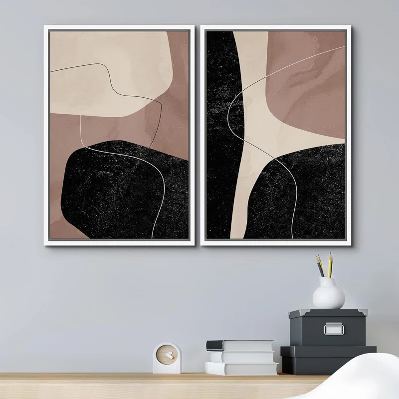 Mid Century Shape "Brown And Black Abstract Neutral Line Chic Framed Canvas Print 2 Pieces Wall Art