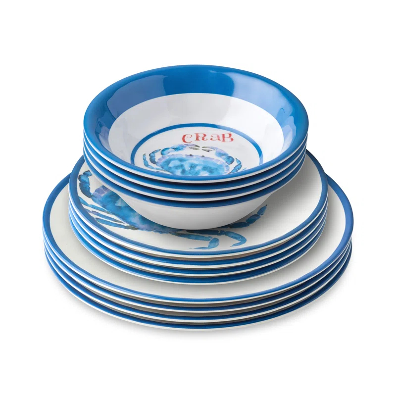 Certified International Beach House Crab 12-Piece Melamine Dinnerware Set – Blue & White Nautical-Themed Plates & Bowls – Shatterproof, Lightweight, and Dishwasher-Safe Coastal Tableware for Indoor & Outdoor Dining