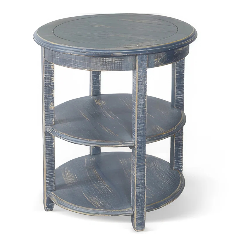 Benjara Rena Side End Table, Scallop Trim, 28 Inch Distressed Blue Mahogany