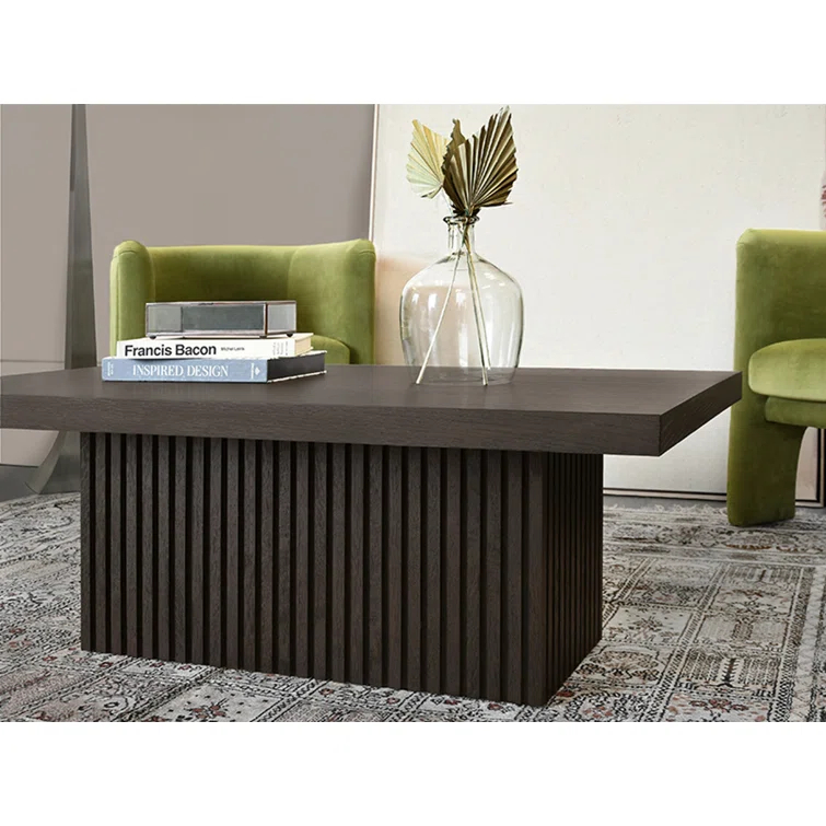 Dark Espresso Oak Rectangular Coffee Table with Fluted Pedestal Base
