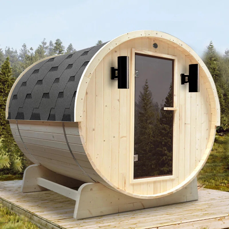 ALEKO Outdoor and Indoor White Pine Barrel Sauna - 3-4 Person - 4.5 kW UL Certified Heater - Bitumen Shingle Roofing